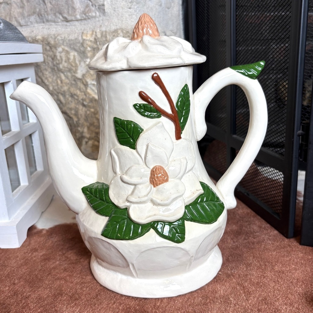 Vintage Teapot w Lid Embossed White Magnolia Ceramic Country Cottage Chic